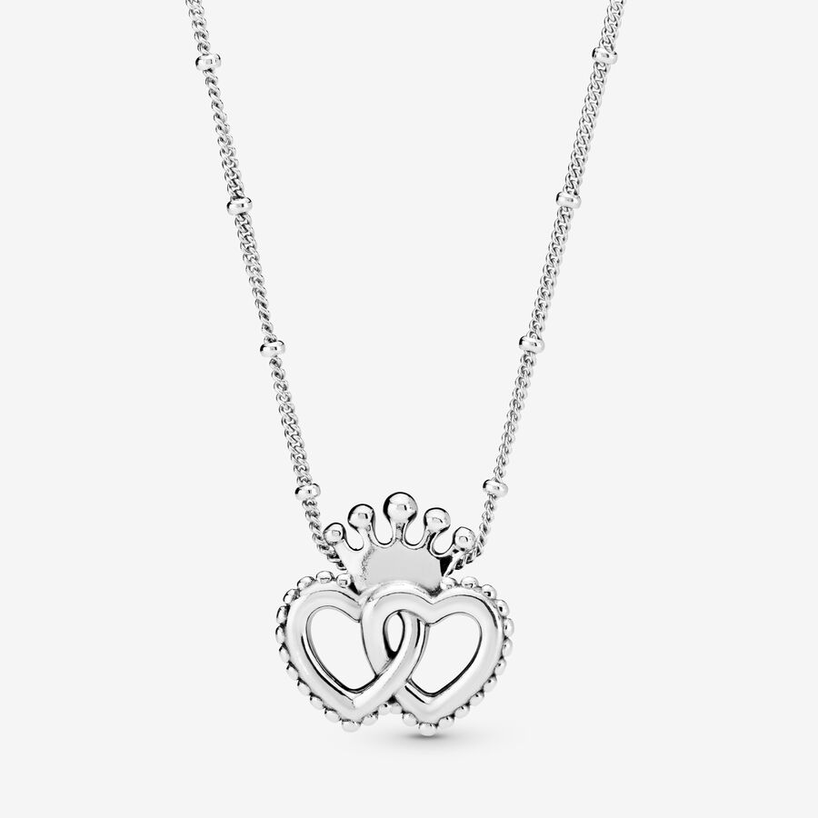 Crown and Interwined Hearts Pendant Necklace image number 0