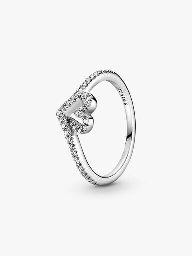 Heart and wishbone sterling silver ring with clear cubic zirconia