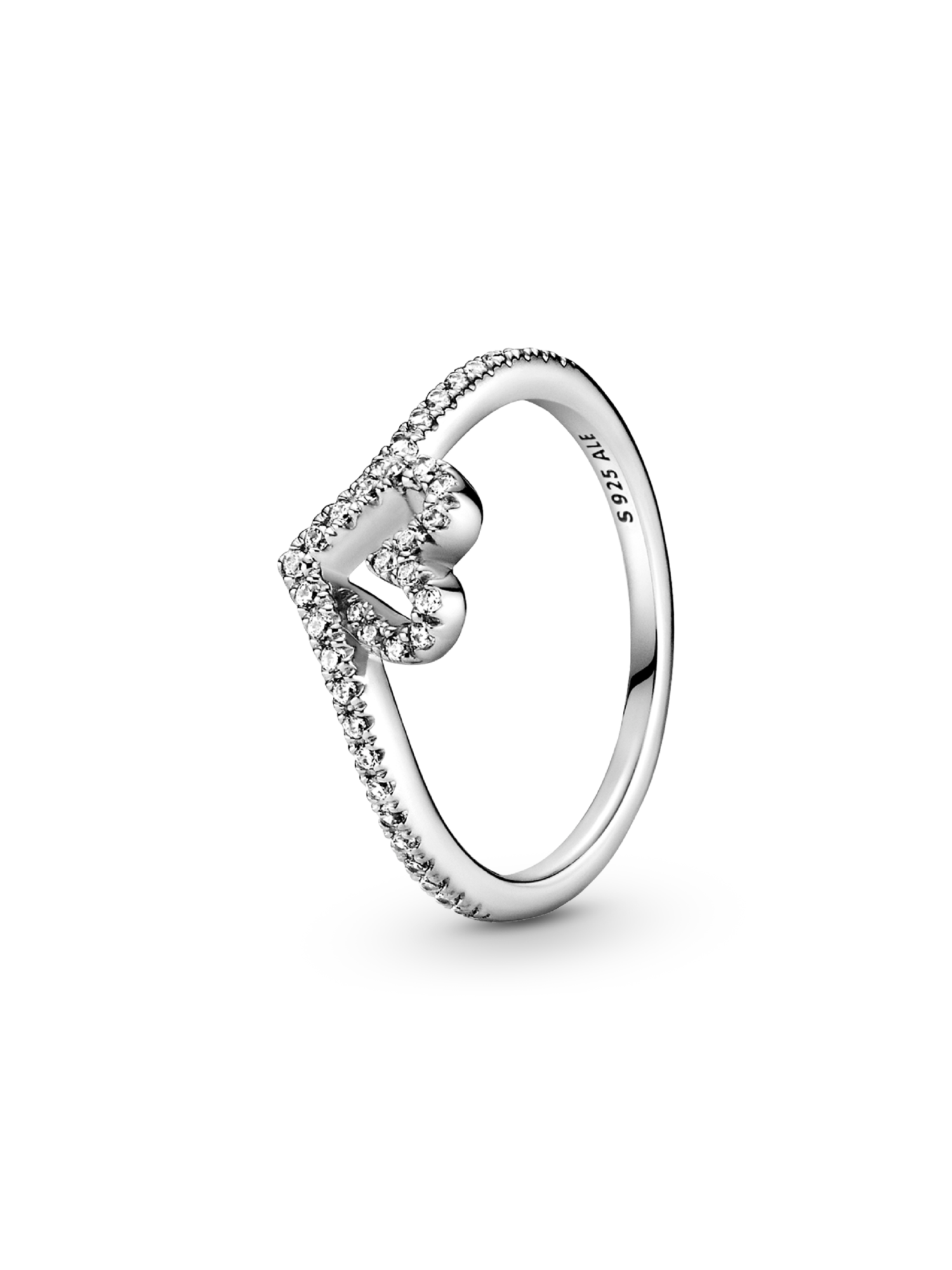 Heart and wishbone sterling silver ring with clear cubic zirconia