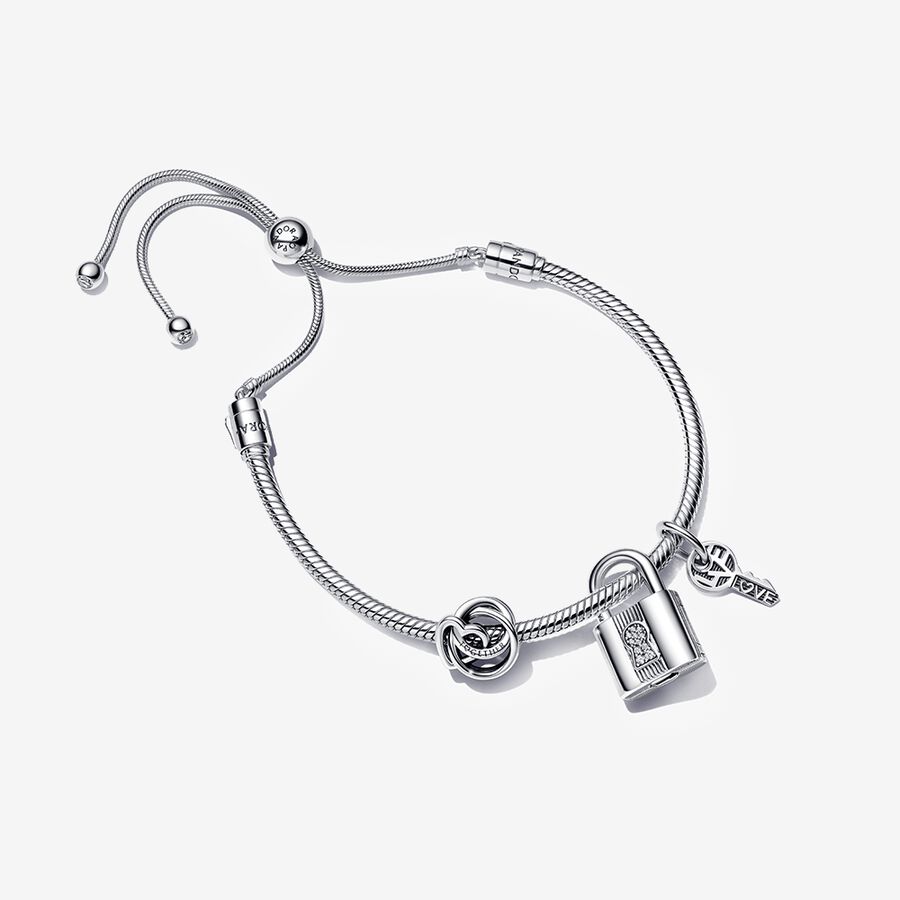 Pandora Moments Family & Padlock Snake Chain Slider Bracelet Set image number 0
