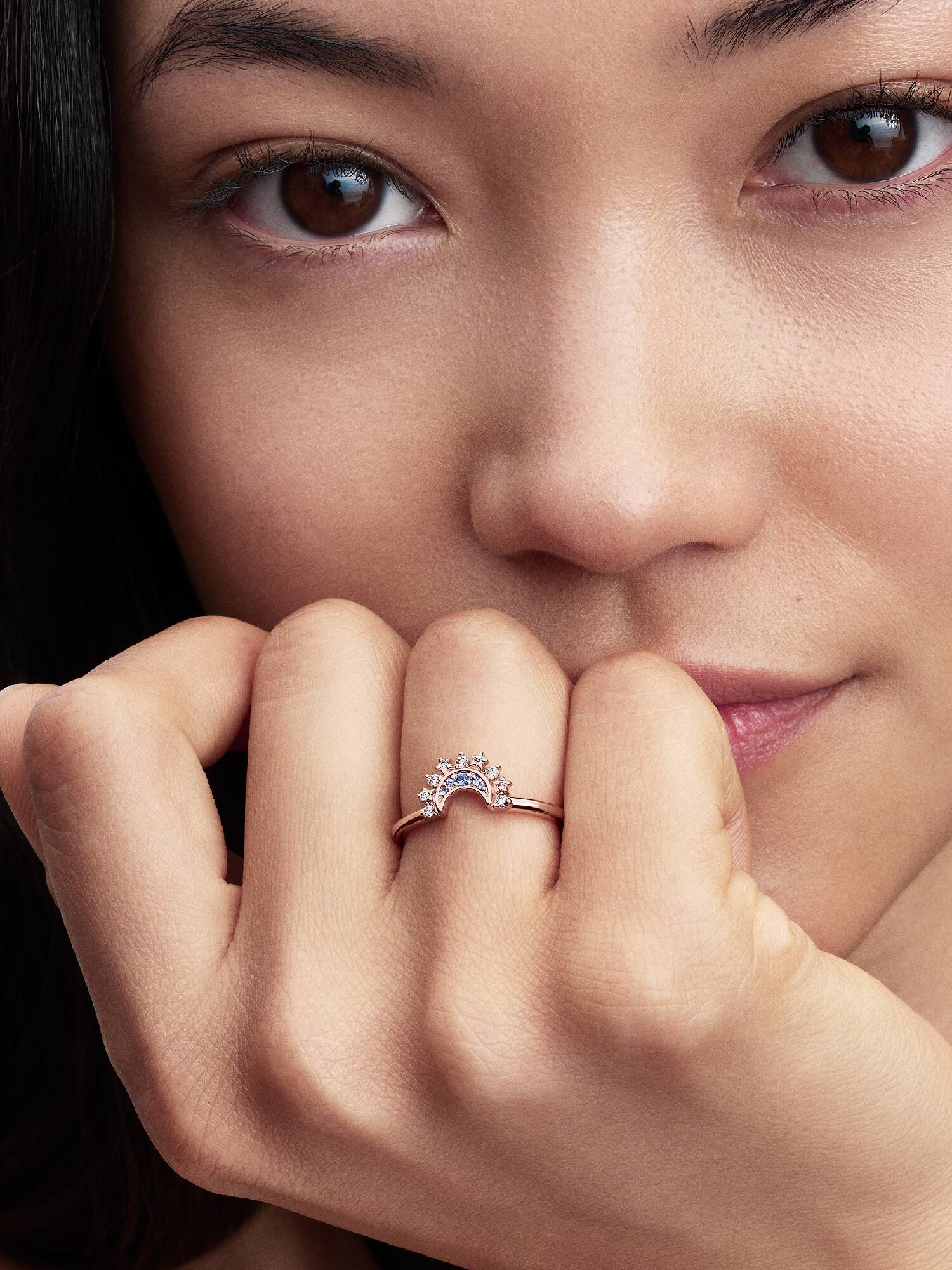 Celestial moon 14k rose gold-plated ring with night blue crystal and clear cubic zirconia