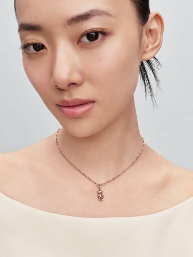 Teddy bear 14k rose gold-plated dangle with fancy fairy tale pink cubic zirconia, royal purple and stellar blue crystal