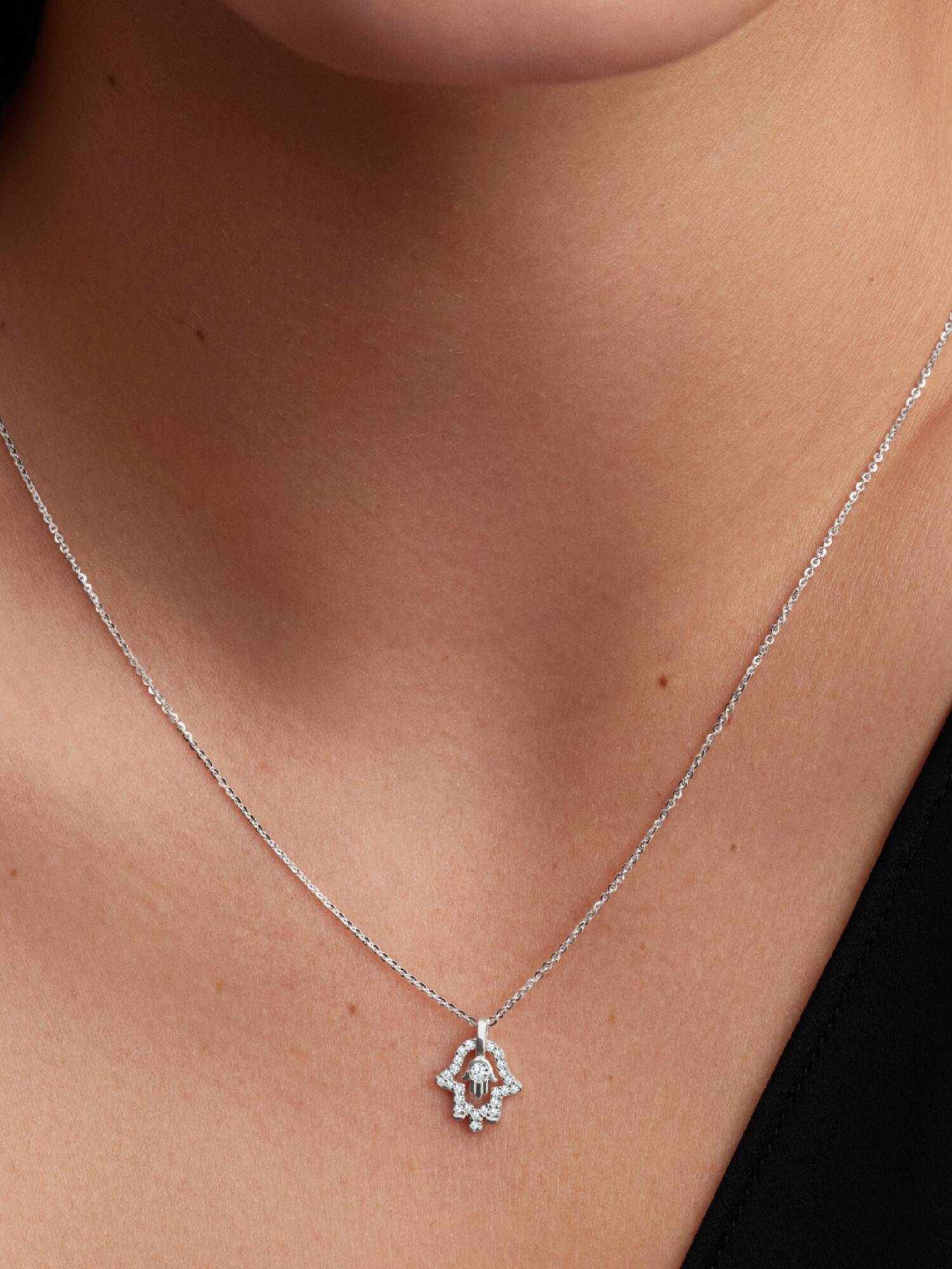 Sterling Silver Lab-Grown Diamond Hamsa Hand Pendant Necklace