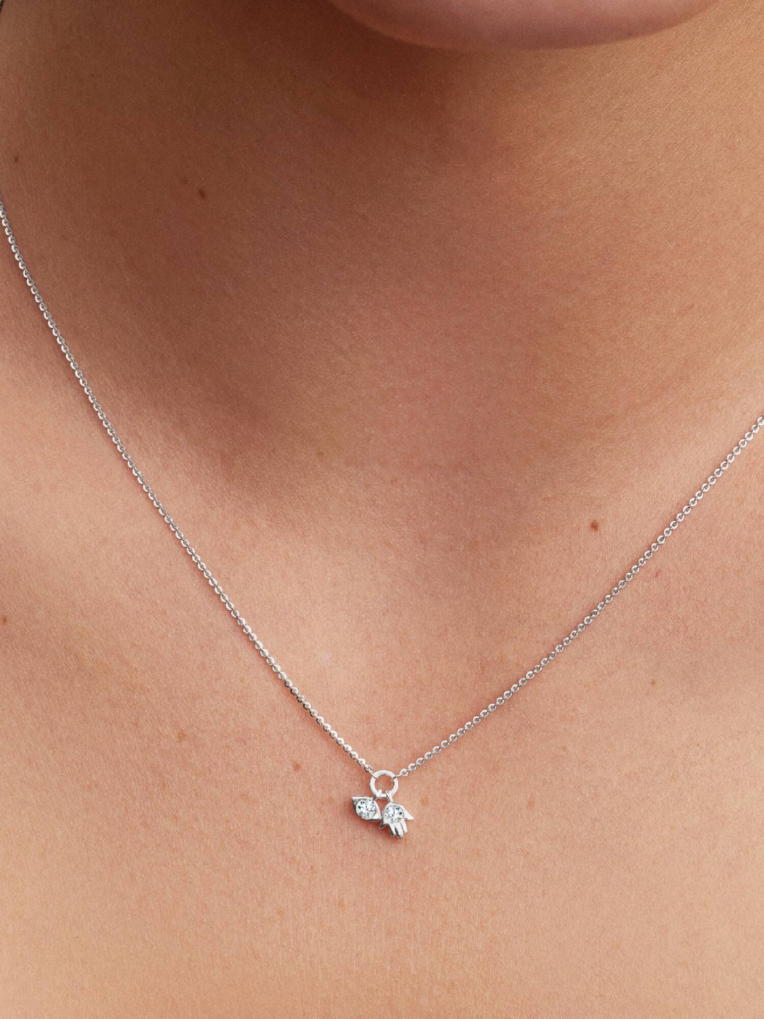 Sterling Silver Lab-Grown Diamond Evil Eye & Hamsa Hand Dangle Pendant Necklace