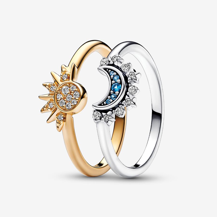 Celestial Sparkling Sun and Moon Ring Set, Two-tone