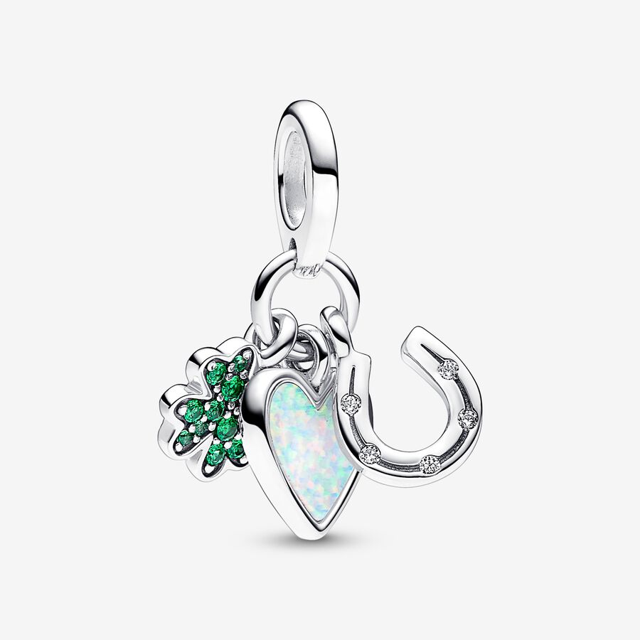 Four Leaf Clover, Heart and Horseshoe Triple Dangle Charm image number 0