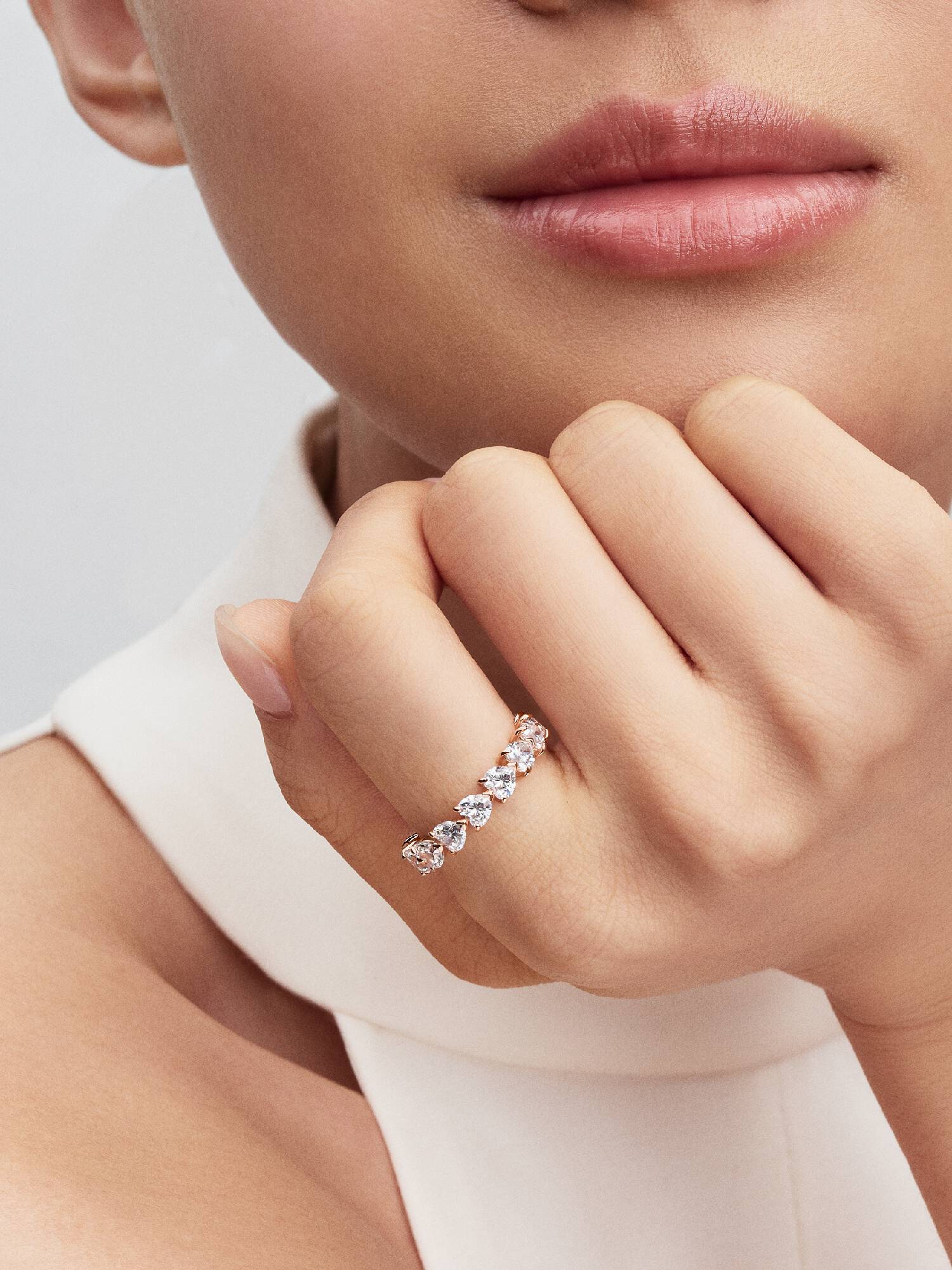 Hearts 14k rose gold-plated ring with clear cubic zirconia