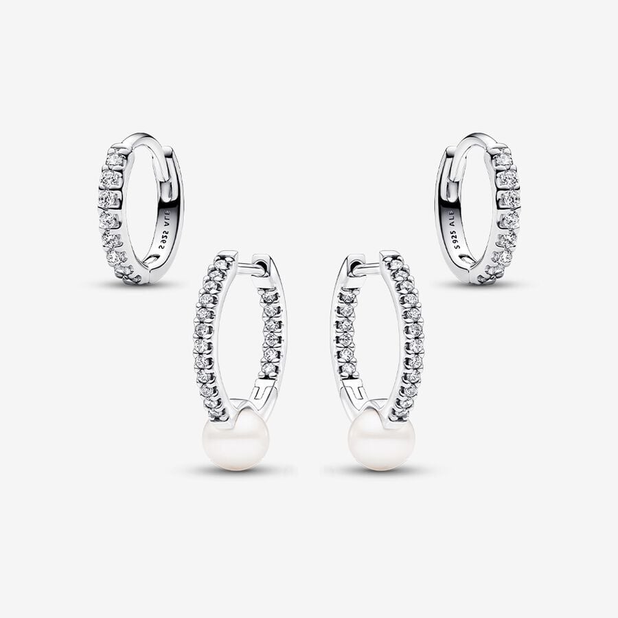 Freshwater Cultured Pearl And Sparkling Hoop Earrings Set Sterling freshwater-cultured-pearl-and-sparkling-hoop-earrings-set-sterling