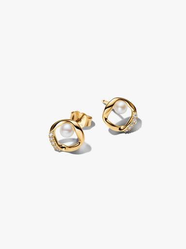 Organically Shaped Pavé Circle & Treated Freshwater Cultured Pearl Stud Earrings