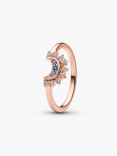 Celestial moon 14k rose gold-plated ring with night blue crystal and clear cubic zirconia