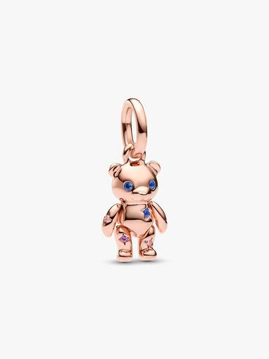 Teddy bear 14k rose gold-plated dangle with fancy fairy tale pink cubic zirconia, royal purple and stellar blue crystal