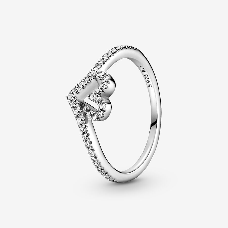 Heart and wishbone sterling silver ring with clear cubic zirconia ...