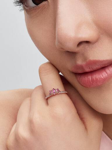Disney Rapunzel 14k rose gold-plated tiara ring with phlox pink crystal and clear cubic zirconia