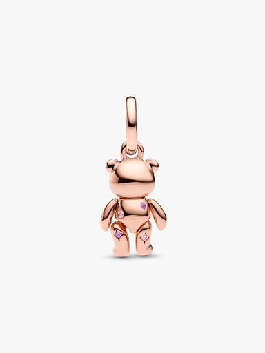 Teddy bear 14k rose gold-plated dangle with fancy fairy tale pink cubic zirconia, royal purple and stellar blue crystal