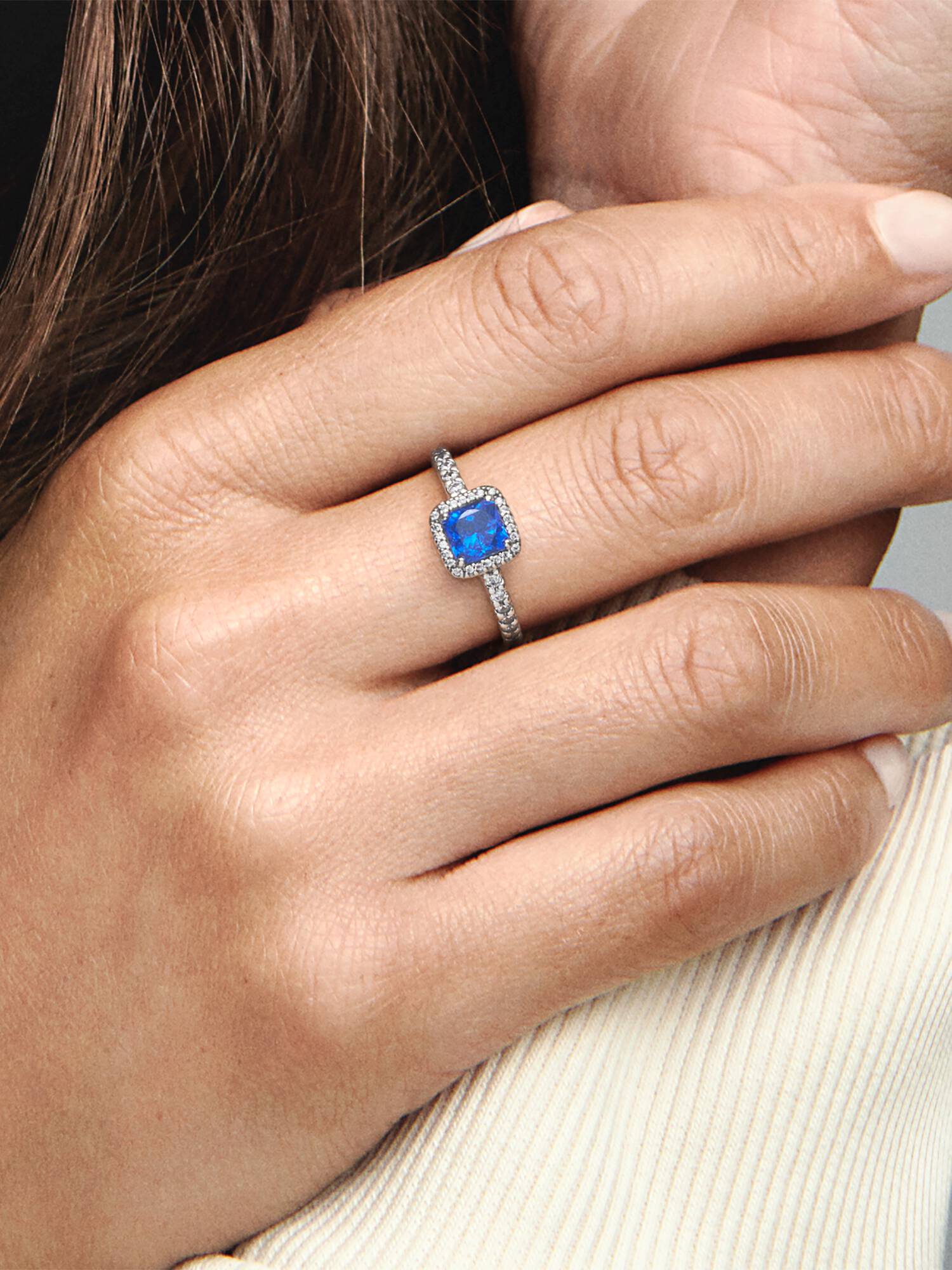 Blue Square Sparkle Halo Ring