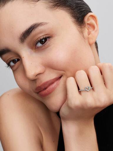 Heart and wishbone sterling silver ring with clear cubic zirconia