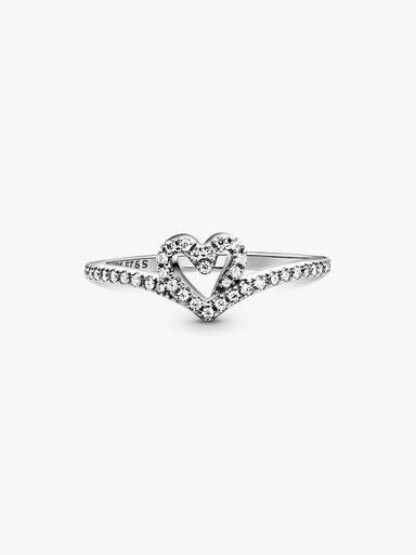 Heart and wishbone sterling silver ring with clear cubic zirconia