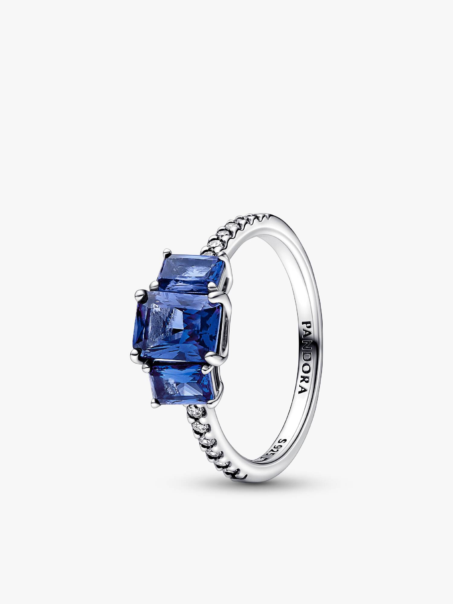 Blue Rectangular Three Stone Sparkling Ring