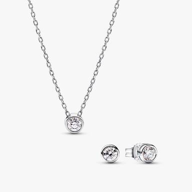 Pandora Era Bezel Sterling Silver Earrings and Pendant Necklace Set