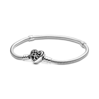 Pandora Moments Snake Chain Bracelet with Family Tree Heart Clasp