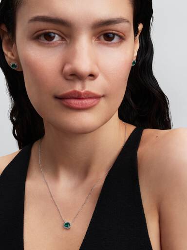Rectangular Sparkling Green Halo Pendant Necklace