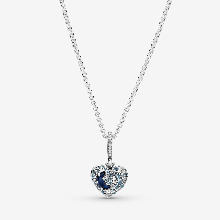 Sparkling Blue Moon and Stars Heart Necklace image number 0
