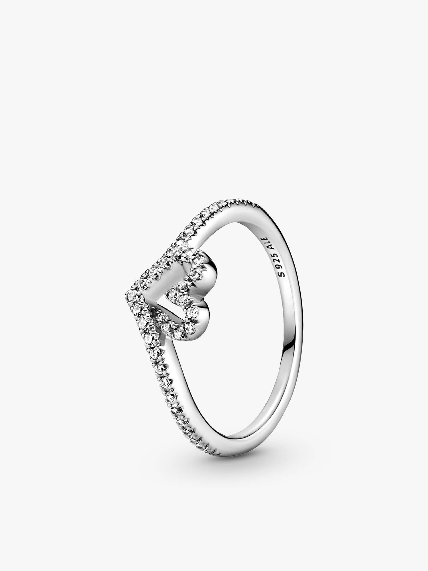 Heart and wishbone sterling silver ring with clear cubic zirconia