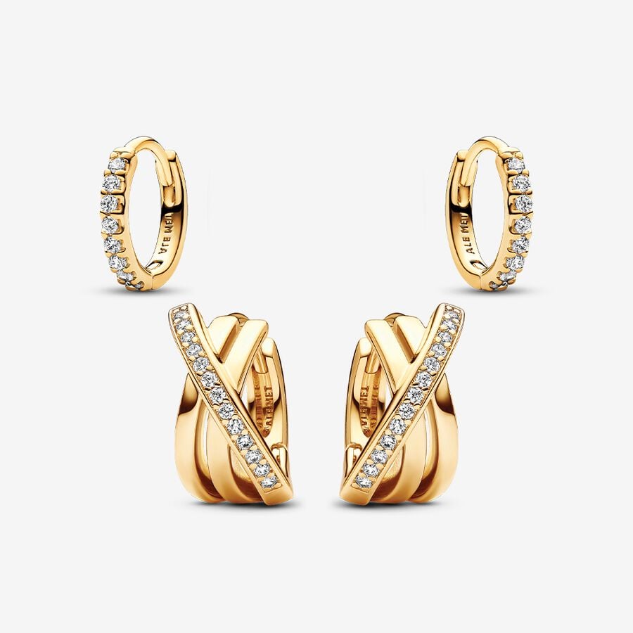 14K Gold Sparkling Hoop Earrings Set image number 0